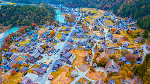 The traditionally thatched houses in Shirakawa-go where is the mountain village among near Gifu, Ishikawa, and Toyama prefecture in autumn, Japan