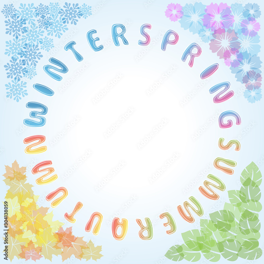 Four Seasons frame: spring, summer, autumn, winter.Cartoon illustration representing the seasons cycle.