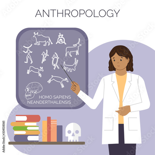 Female anthropologist. International Day of Women and Girls in Science. Vector flat illustration.  Isolated. White background
