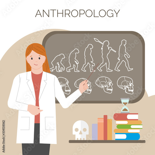 Female anthropologist. International Day of Women and Girls in Science. Vector flat illustration.  Isolated. White background