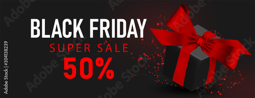 Horizontal black friday super sale with gift box with red bow.Dark background banner, poster, header website. vector illustration.Card promotion design.