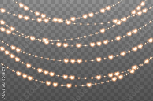 Glowing garland with hearts and bulbs isolated on transparent background. Illuminated yellow-orange decorative lights. Valentine's Day, New Year, wedding or Birthday event decoration.