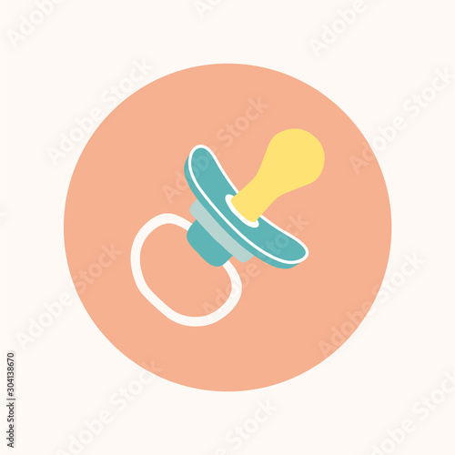 Baby pacifier icon in flat style. Infant dummy icon. Kids First Toys. Baby shower design element. Cartoon vector hand drawn eps 10 illustration isolated on white background.
