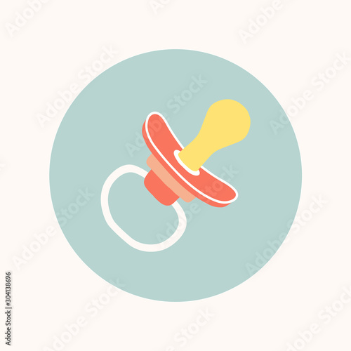 Baby pacifier icon in flat style. Infant dummy icon. Kids First Toys. Baby shower design element. Cartoon vector hand drawn eps 10 illustration isolated on white background.