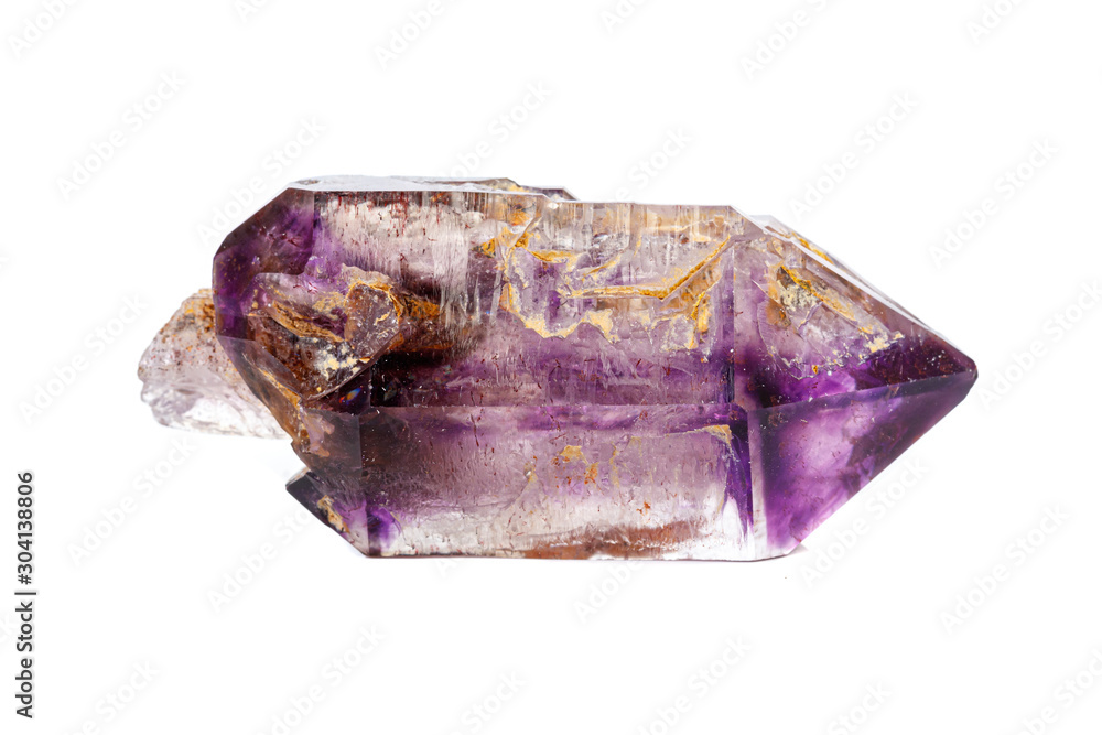 macro mineral stone Amethyst on smoky quartz on a white background macro mineral stone Amethyst on smoky quartz on a white background