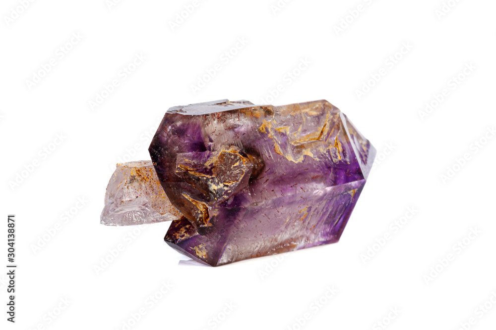 macro mineral stone Amethyst on smoky quartz on a white background macro mineral stone Amethyst on smoky quartz on a white background
