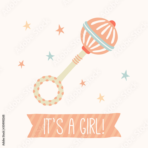 baby shower card for baby girl, with rattle.Vector eps10 , illustration.