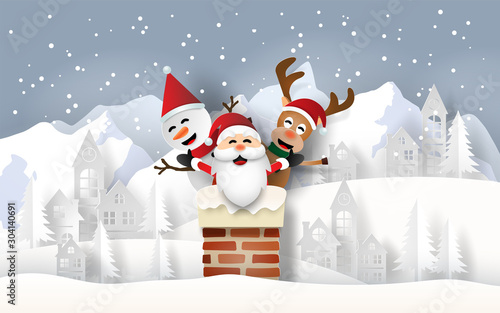 Paper art, Craft style of Santa Claus and friends with chimney in the village, Merry Christmas and Happy New Year