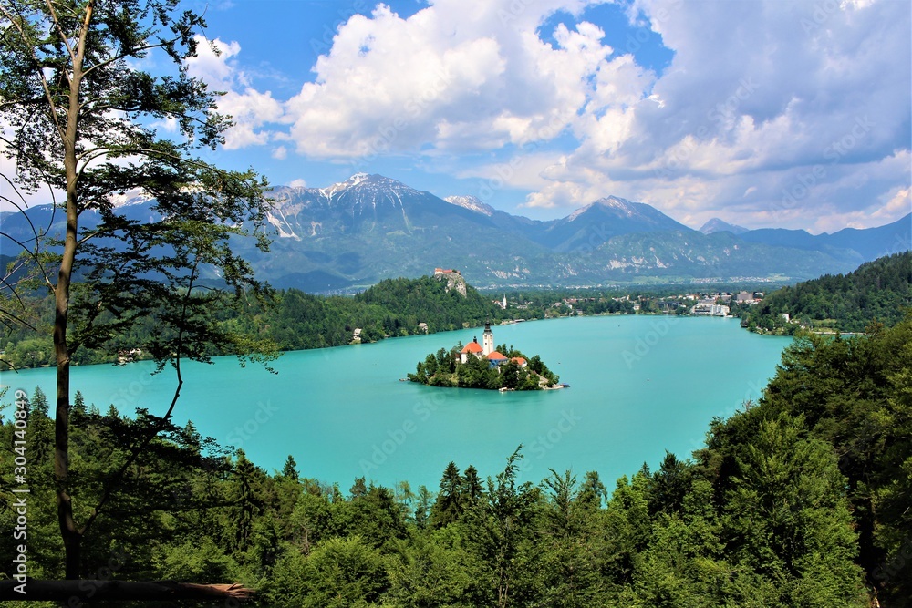 View to Lake Bled and its island from above on a sunny day