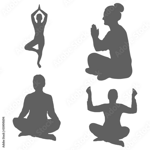 Set of silhouettes of a women engaged yoga in different poses. Performing relaxation classes and meditation by a girl. Outdoor activities and healthy lifestyle. Isolated vector on a white background.