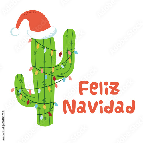 Christmas cactus in Santa hat banner Text Merry Christmas in Spanish Christmas light cactus Vector