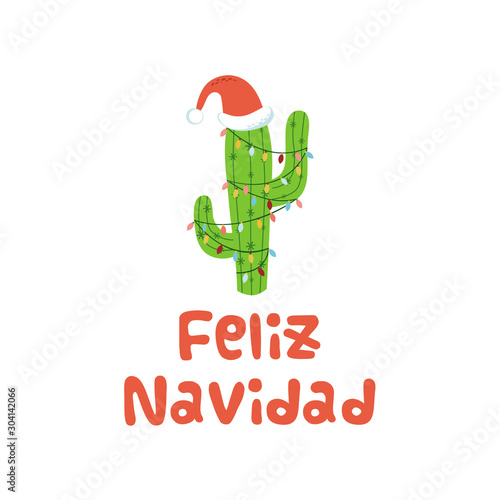 Christmas cactus in Santa hat banner Text Merry Christmas in Spanish Cute Mexican new year banner Vector