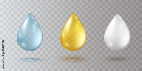 Water, gold oil and white cream drops isolated on transparent background. Cosmetic spa serum, bubble of vitamin E. Vector gel, golden honey or lotion droplets.