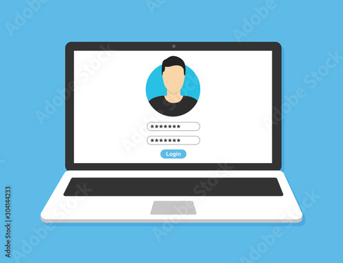 Laptop with login form page on screen. Vector illustration