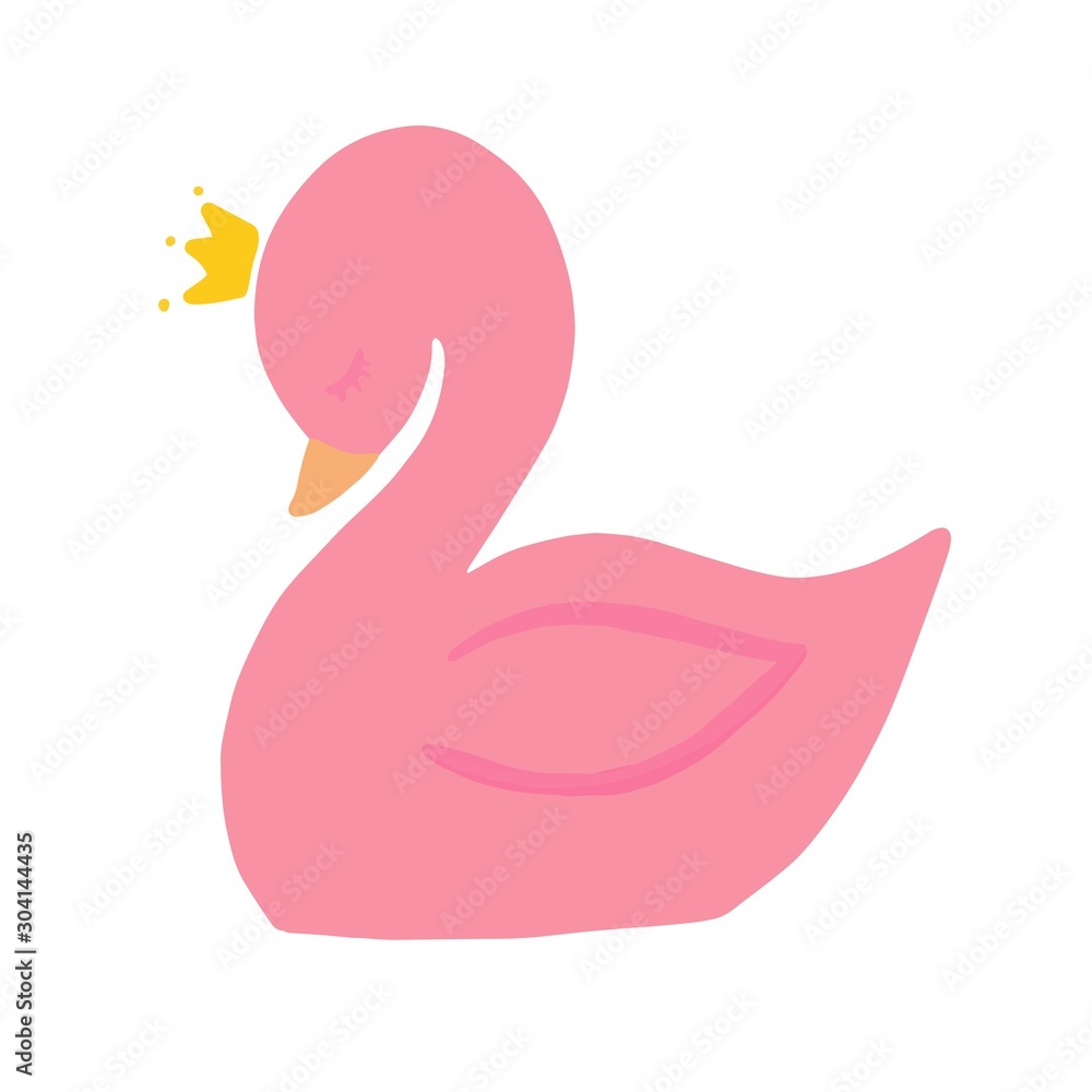 cartoon vector illustration of a pink swan with a crown on a white  background, child's drawing Stock Vector | Adobe Stock