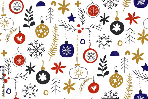 Winter seamless repeat patterns with Christmas baubles. Scandinavian style traditional motifs. Vector illustration. Perfect for cards, textile, wallpaper, background