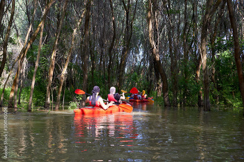 Group of friends kayaking in wilderness areas at Danube river among flooded trees in the forest at spring high water on Danube biosphere reserve. © watcherfox