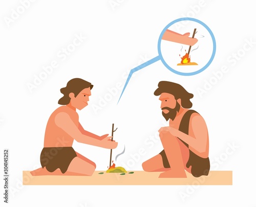 ancient human making fire from rubbing twig illustration vector