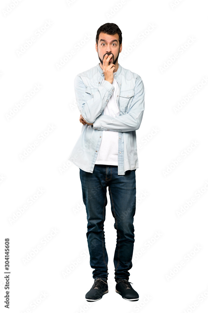Full-length shot of Handsome man with beard surprised and shocked while looking right over isolated white background Full-length shot of Handsome man with beard surprised and shocked while looking right over isolated white background