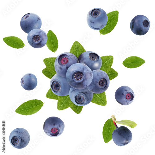 bunch of blueberries isolated on a white background, top view.