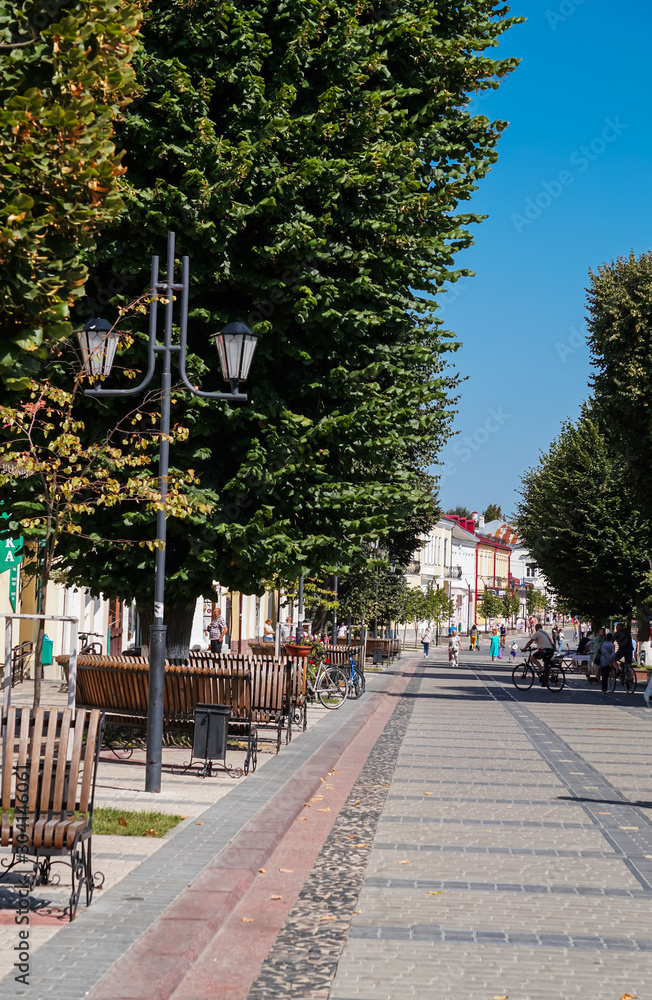 Pinsk, Belarus - August 26, 2019. Photo of the historical, pedestrian Lenin street in Pinsk.