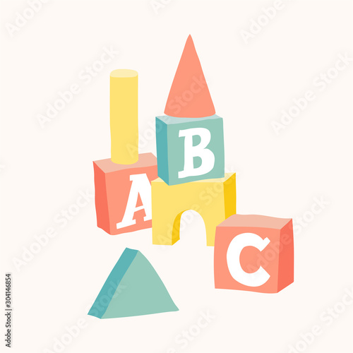 Wooden alphabet cubes with A,B,C letters. Blocks castle set. Isolated vector eps 10 illustration on white background.
