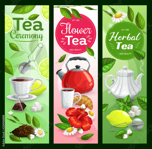 Tea cups, leaves, teapot and sugar