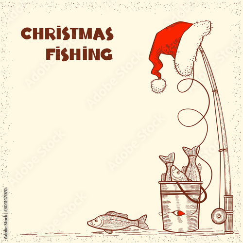 Christmas fishing card. Santa Claus with present box fishing sitting on moon. Vector Winter holiday illustration background