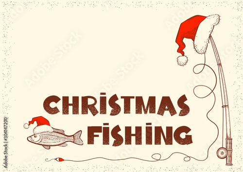 Christmas fishing card. Santa Claus with present box fishing sitting on moon. Vector Winter holiday illustration background
