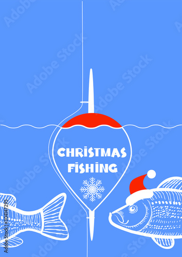 Christmas fishing card. Flock of fish and present gift in sea blue water background. Vector Winter holiday illustration with Christmas  text.