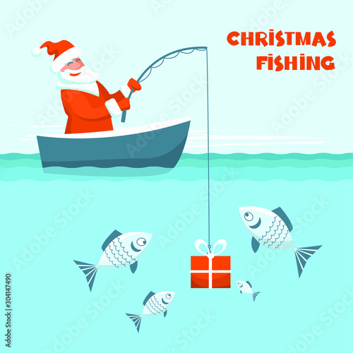 Christmas fishing card. Santa Claus fishing in his boat. Vector Winter holiday illustration with Christmas  text.