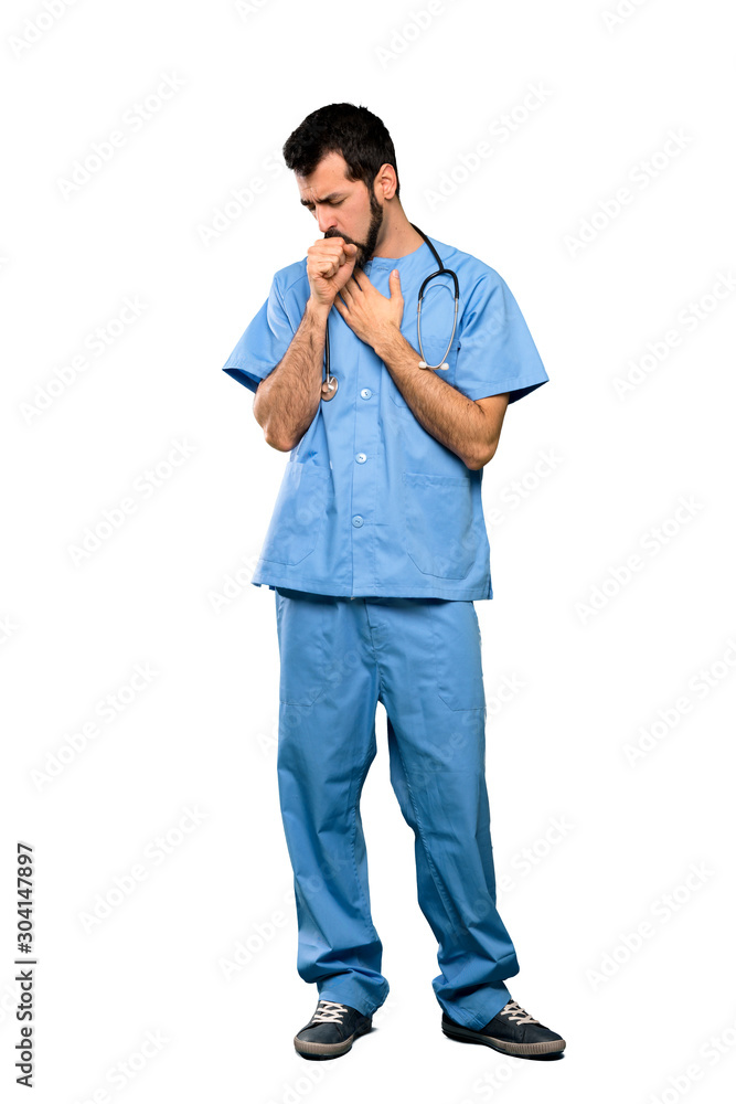 Full-length shot of Surgeon doctor man is suffering with cough and feeling bad over isolated white background