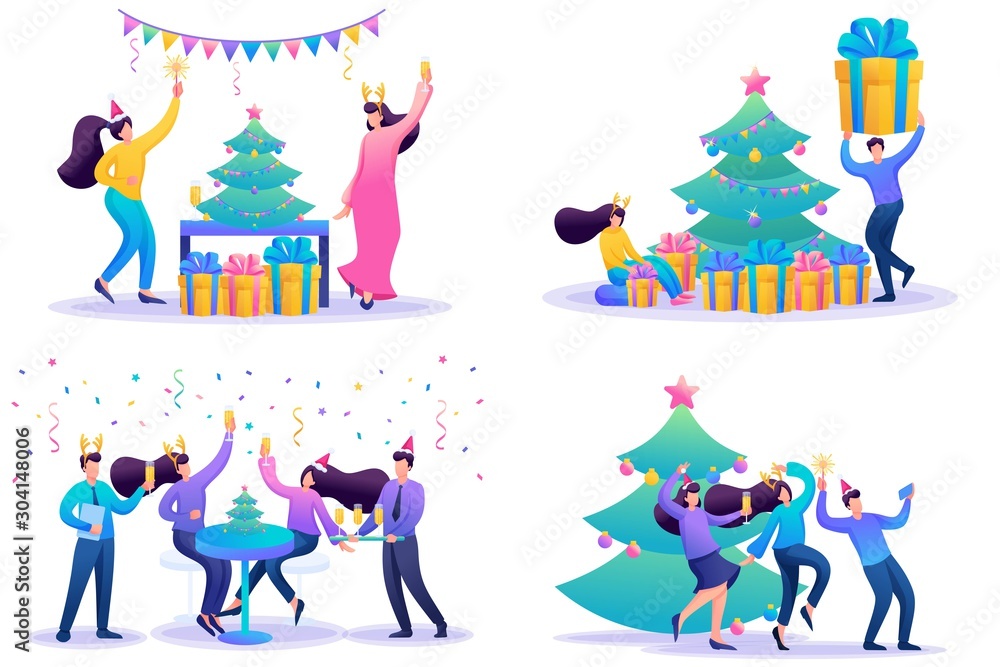 Set 2D Flat concepts Young people have fun on Christmas vacation. For Concept for web design Set 2D Flat concepts Young people have fun on Christmas vacation. For Concept for web design