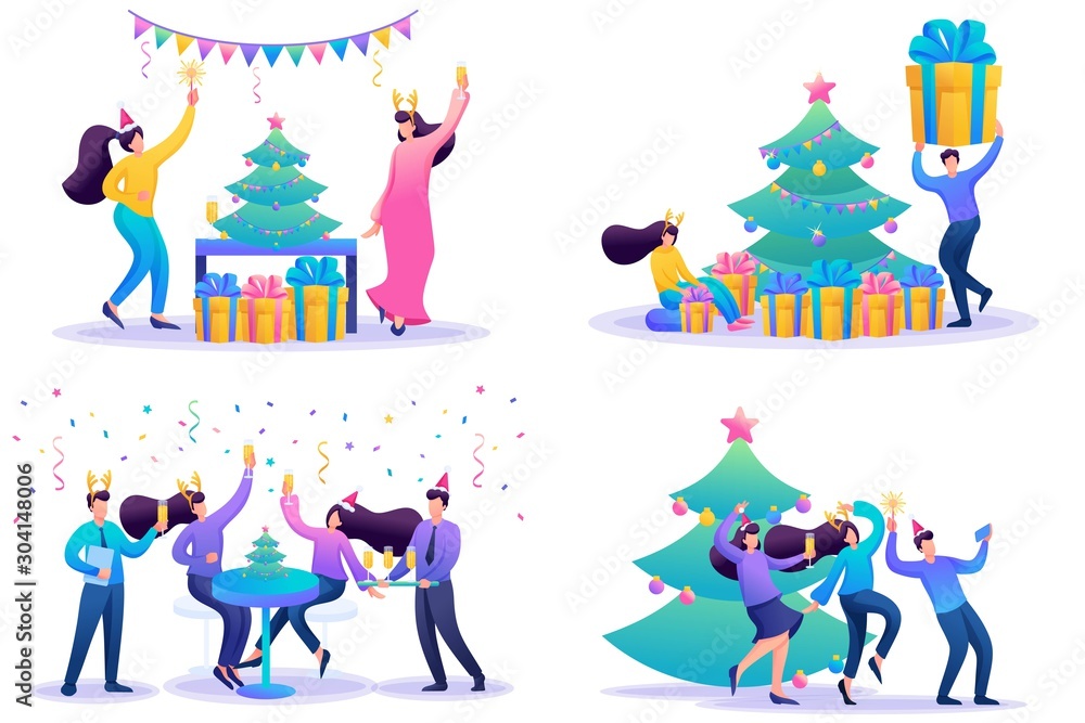 Set 2D Flat concepts Young people have fun on Christmas vacation. For Concept for web design