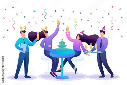 Employees of the company have fun together at the new year corporate party, drink champagne. Flat 2D character. Concept for web design