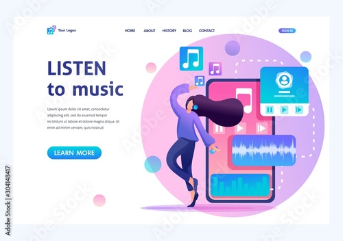 Young teenage girl listening to music and dancing, music lover. Flat 2D character. Landing page concepts and web design