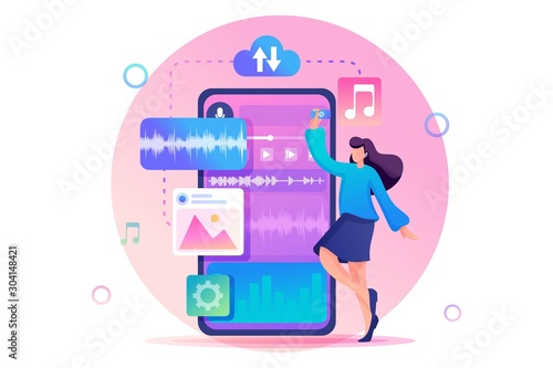 Young teenage girl listening to music, music lover. Flat 2D character. Concept for web design