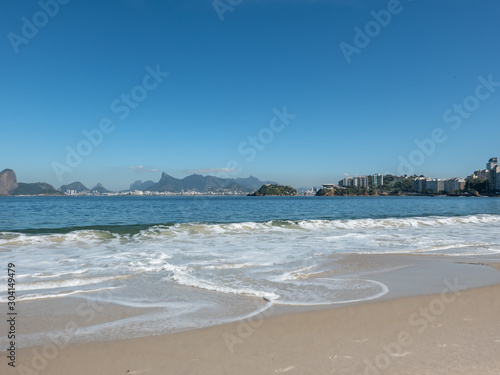 Sugar Loaf Mountain, Corcovado, Museum of Contemporary Art on the horizon, front view, Icaraí, in the city of Niterói, Rio de Janeiro, Brazil. Beautiful landscape.