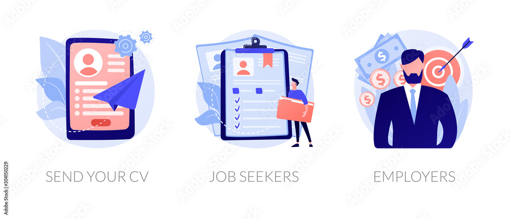 Job searching. Employment service, recruitment agency. Resume writing, finding work. Vacant position. Send your CV, job seekers, employers metaphors. Vector isolated concept metaphor illustrations Job searching. Employment service, recruitment agency. Resume writing, finding work. Vacant position. Send your CV, job seekers, employers metaphors. Vector isolated concept metaphor illustrations