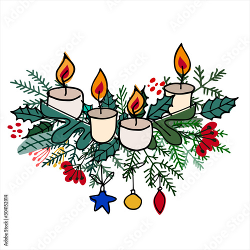 Advent wreath with Christmas tree branches, baubles, ornaments, candles on white background