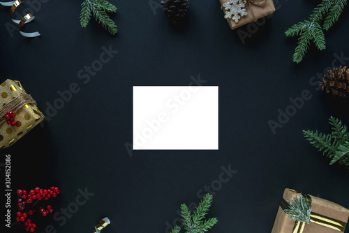 Christmas dark background with copy space. Flat lay