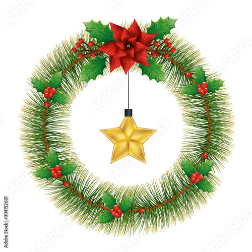wreath of leafs tropicals for christmas with star hanging vector illustration design