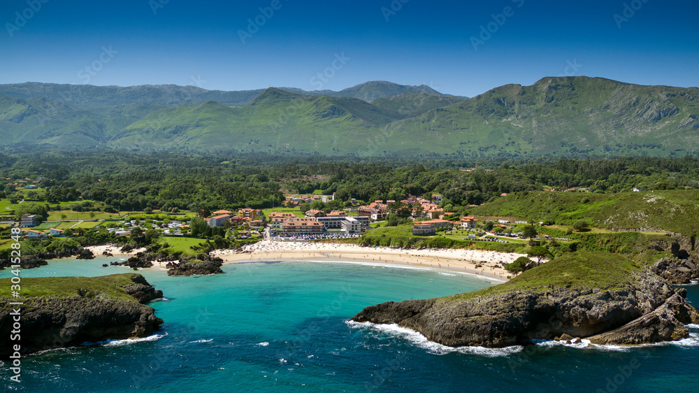 Aerial panoramic view of the sea and mountains from drone in the summer Aerial panoramic view of the sea and mountains from drone in the summer