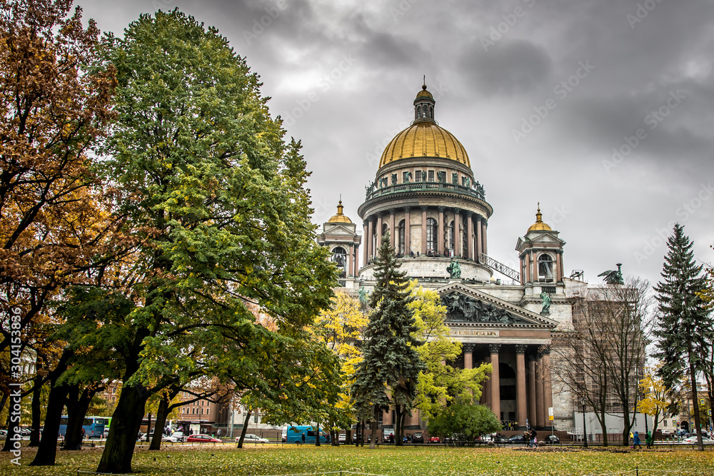 St. Isaac's Cathedral on the background of autumn leaves, St. Petersburg, Russia