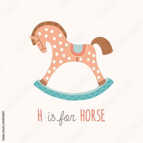 ABC Kids Wall Art. Toy Alphabet Card. Nursery alphabet poster wall art. Playroom decor. H is for Horse. Rose rocking horse. Cartoon vector clipart eps 10 illustration isolated on white background.