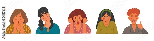 Emotional Womens portraits set, flat design concept illustration of girls, female faces and shoulders avatars. Vector icons hand draw collection