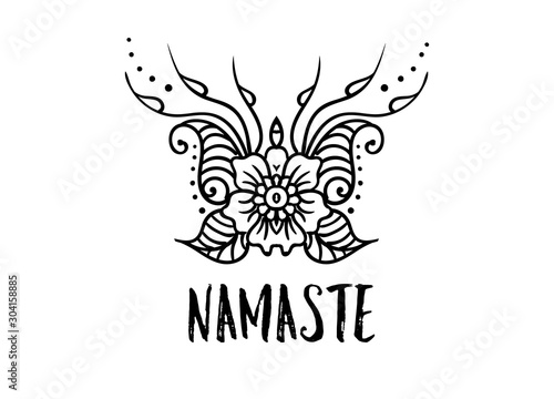 Welcome gesture Indian greeting banner in Namaste mudra on insulated background in vector. Hand drawn Boho or Mehndi Henna Tattoo style frame on a teal background place for your text