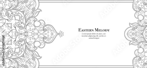 Eastern ethnic motif, traditional muslim ornament. Template for wedding invitation, greeting card, banner, gift voucher, label. Vector illustration