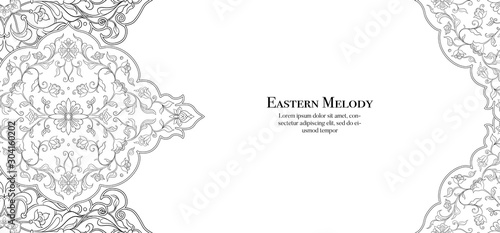 Eastern ethnic motif, traditional muslim ornament. Template for wedding invitation, greeting card, banner, gift voucher, label. Vector illustration