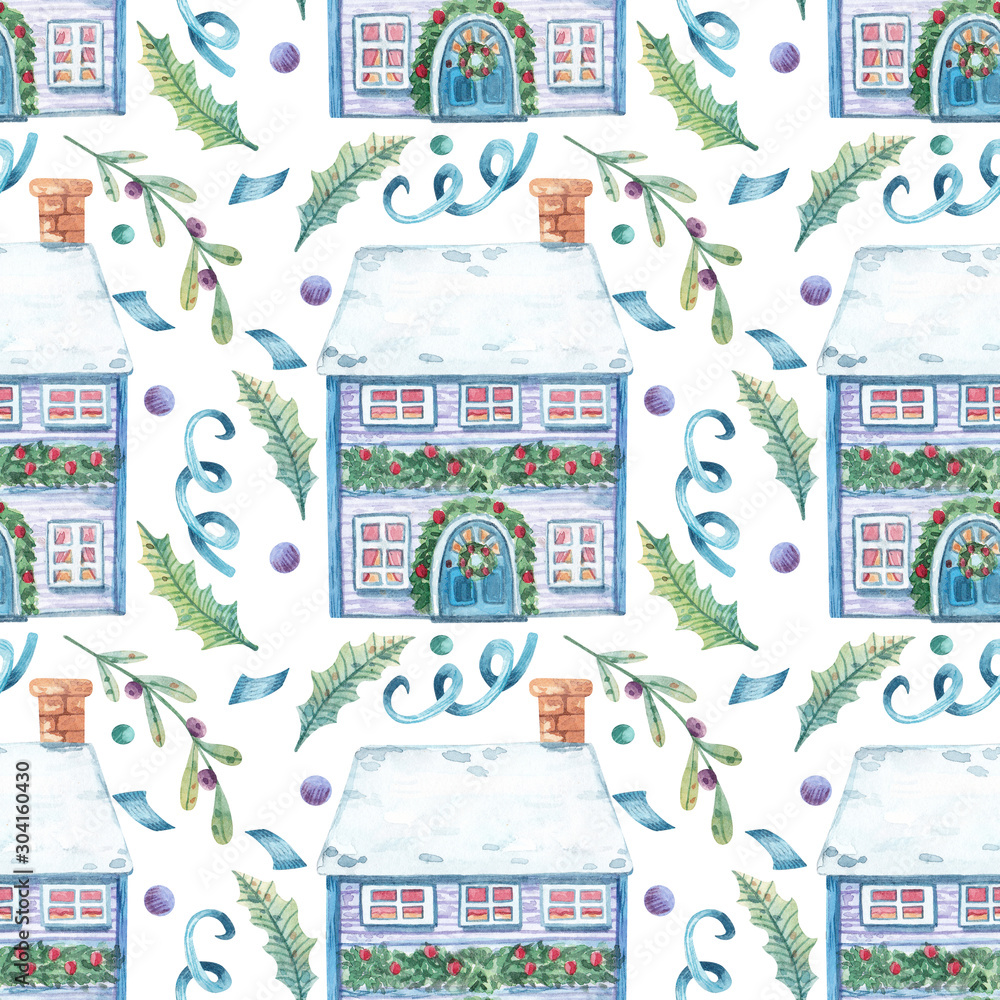 Christmas seamless pattern with houses and leaves. Watercolor hand drawn Christmas background for wrapping paper, design, fabrics, cards and other purposes.